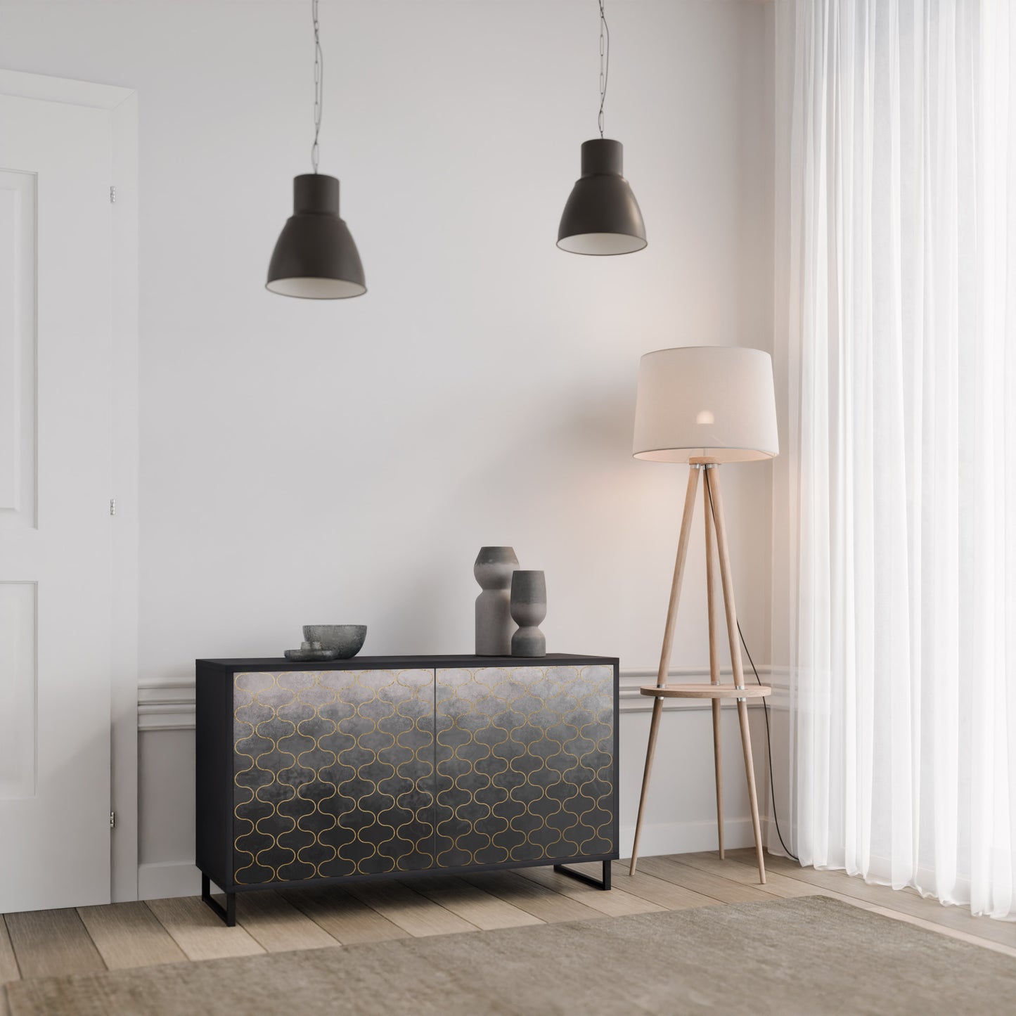 TESSELATED GRÅLIG 2-dörrars skänk i svart finish