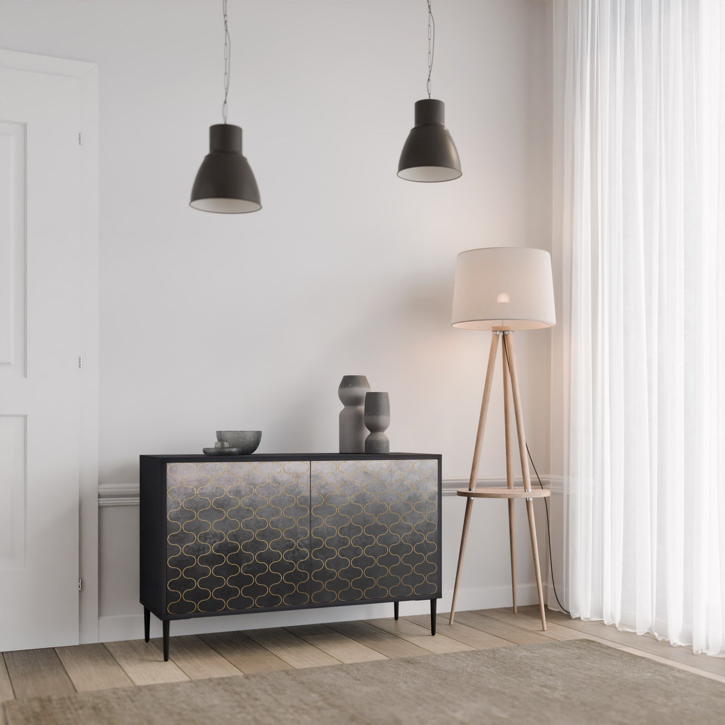 TESSELATED GRÅLIG 2-dörrars skänk i svart finish