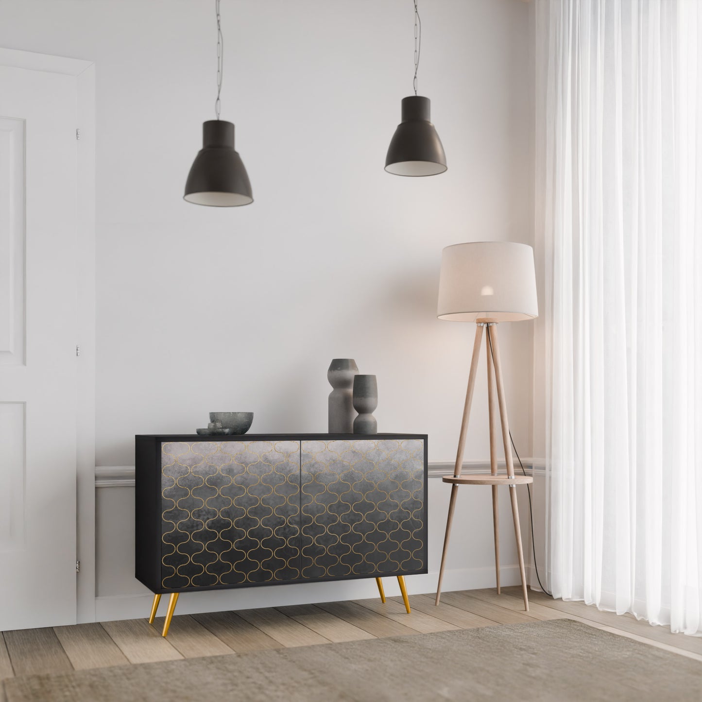TESSELATED GRÅLIG 2-dörrars skänk i svart finish