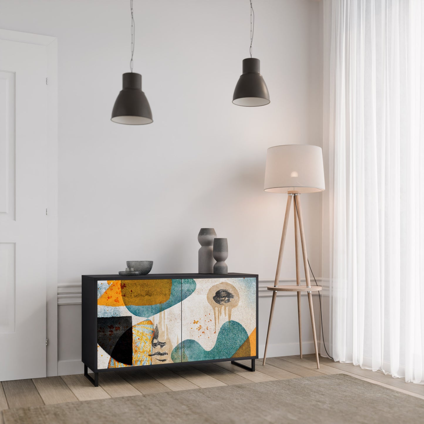 ABSTRACT FACES 2-Door Sideboard in Black Finish