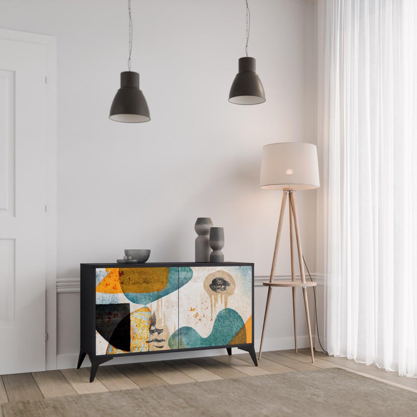 ABSTRACT FACES 2-Door Sideboard in Black Finish
