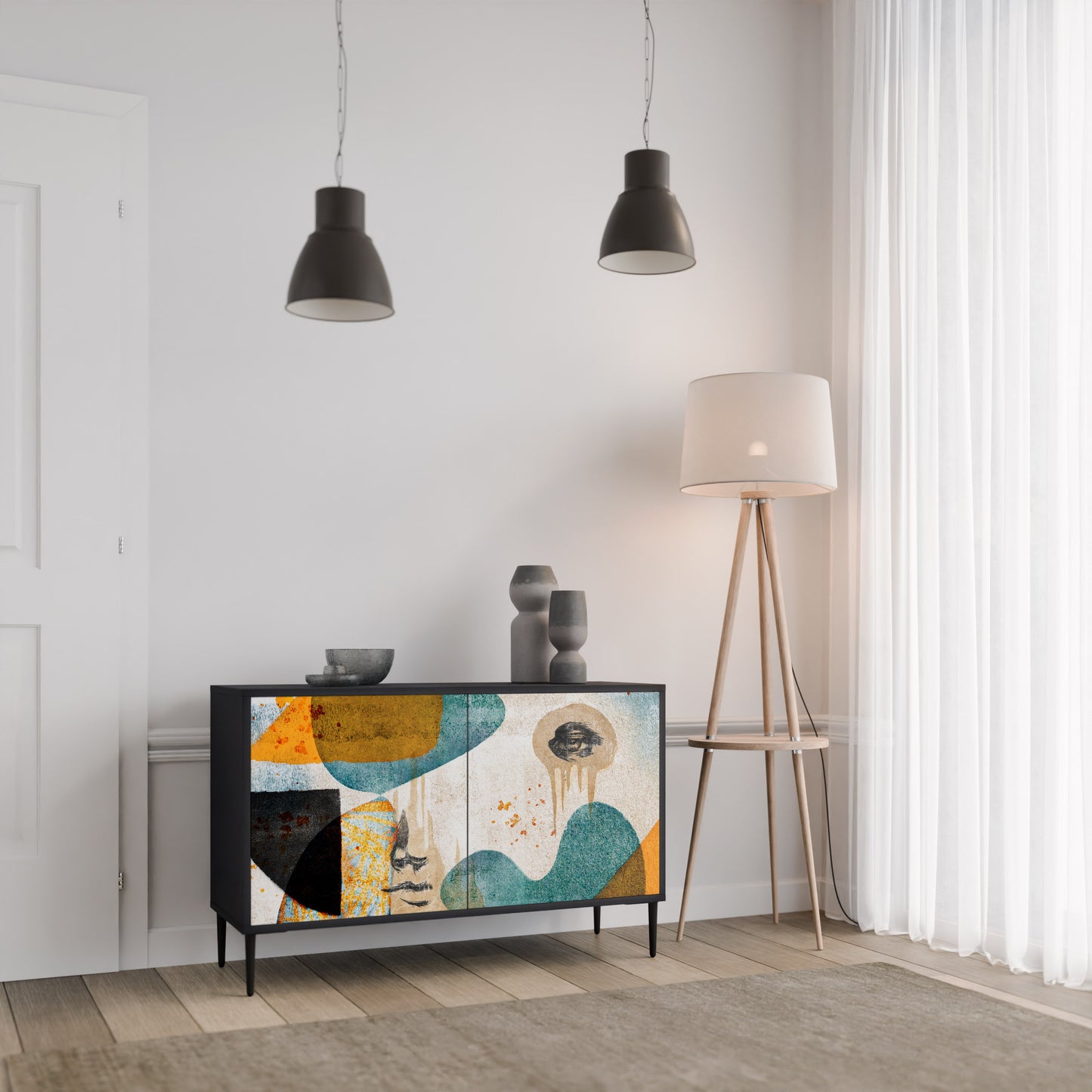 ABSTRACT FACES 2-Door Sideboard in Black Finish