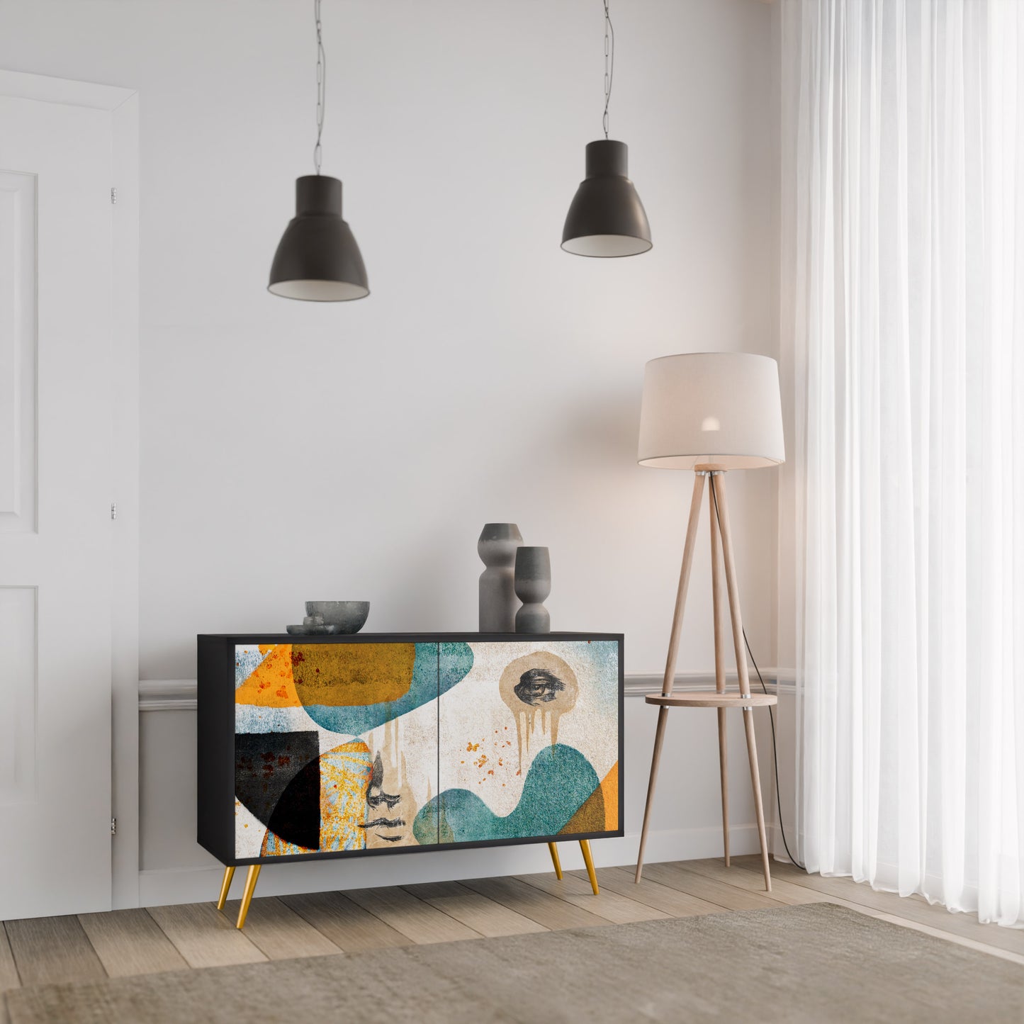 ABSTRACT FACES 2-Door Sideboard in Black Finish