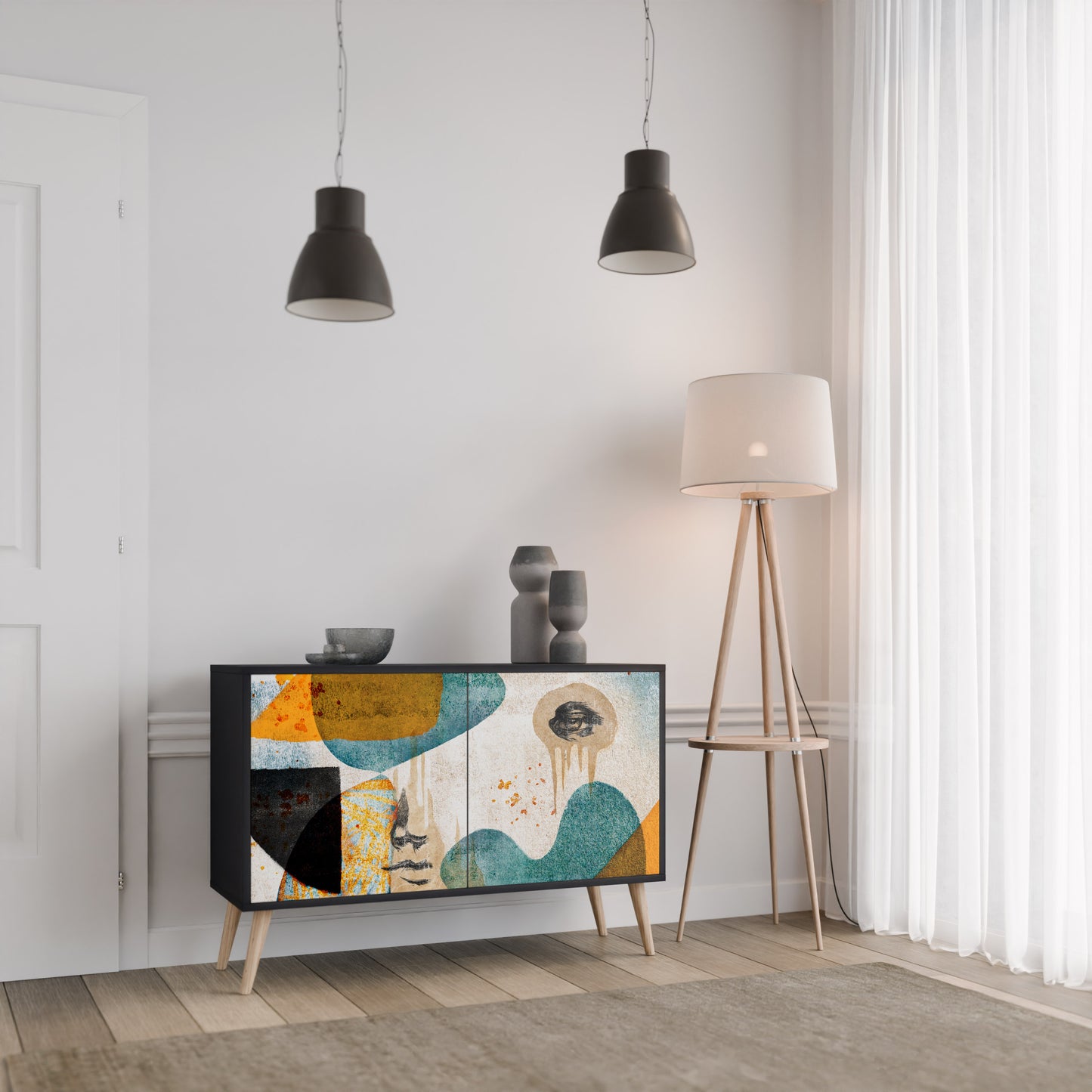 ABSTRACT FACES 2-Door Sideboard in Black Finish