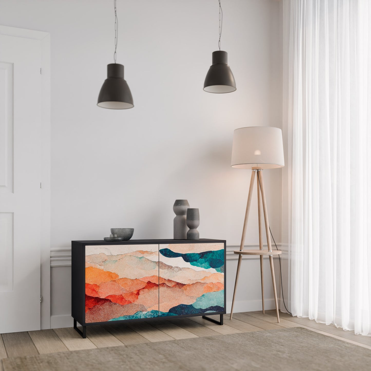 ABSTRACT LANDSCAPE 2-Door Sideboard in Black Finish