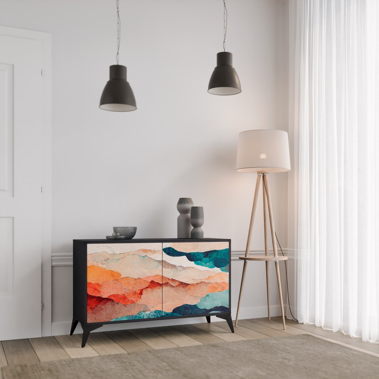 ABSTRACT LANDSCAPE 2-Door Sideboard in Black Finish