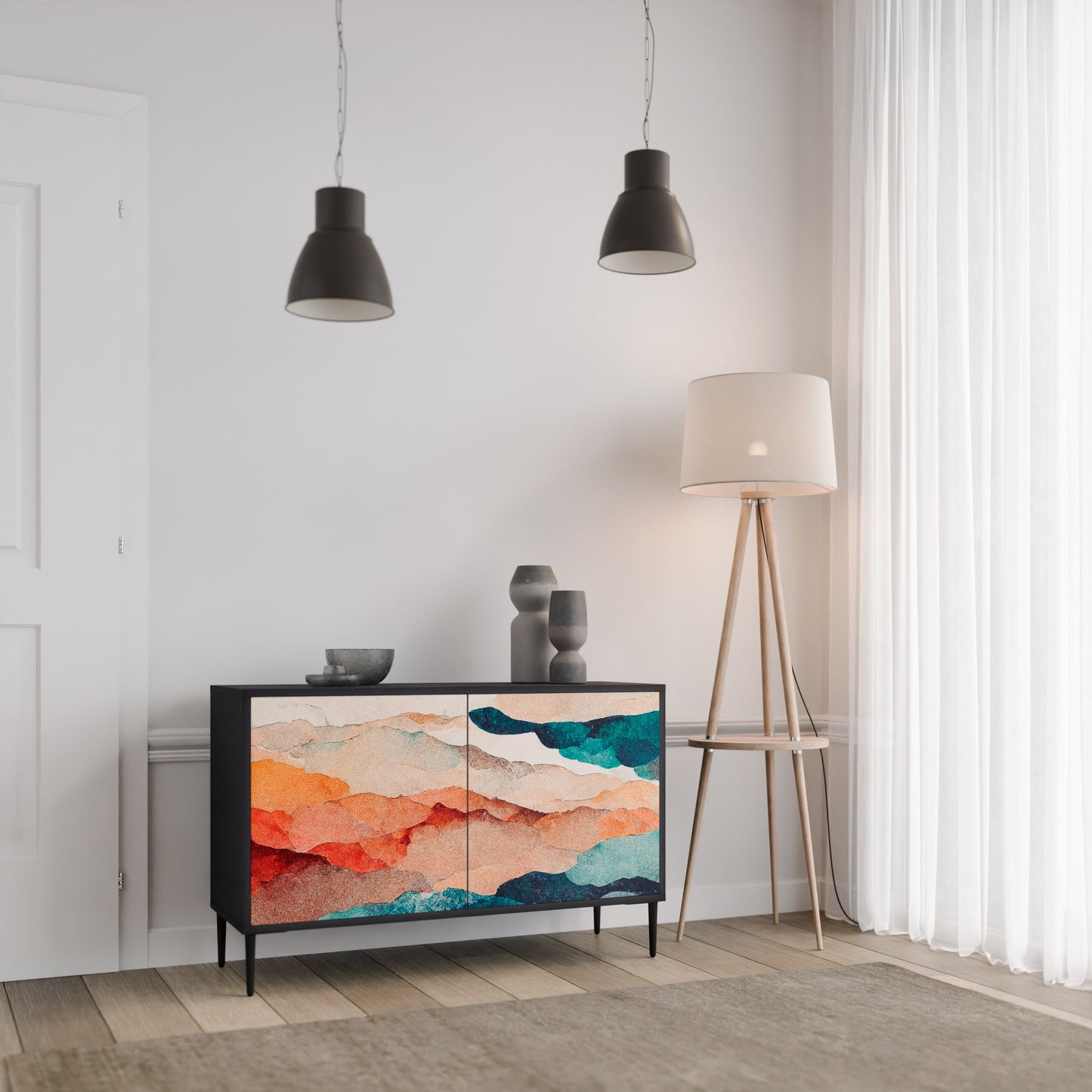 ABSTRACT LANDSCAPE 2-Door Sideboard in Black Finish