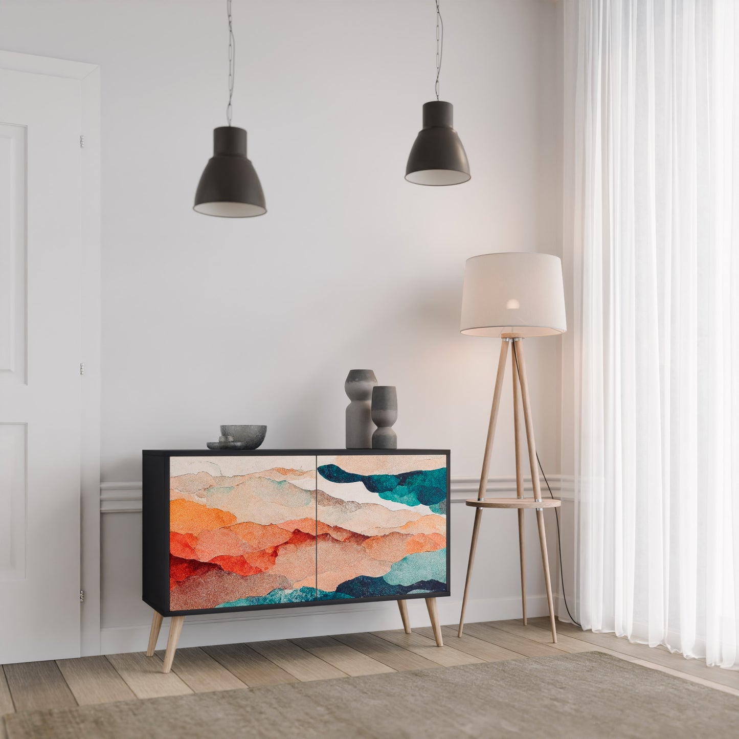 ABSTRACT LANDSCAPE 2-Door Sideboard in Black Finish