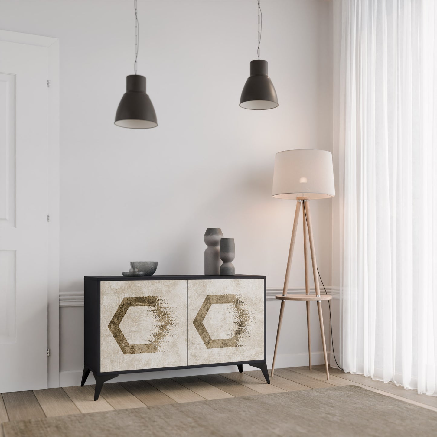 HEXAGONAL FORM 2-Dörrars skänk i svart finish