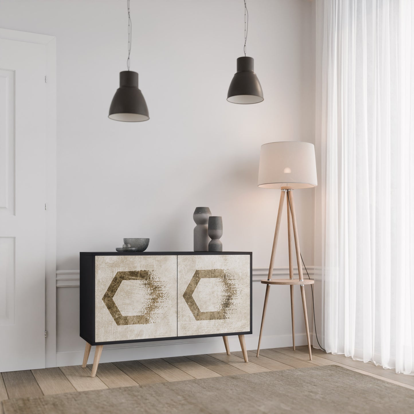 HEXAGONAL FORM 2-Dörrars skänk i svart finish