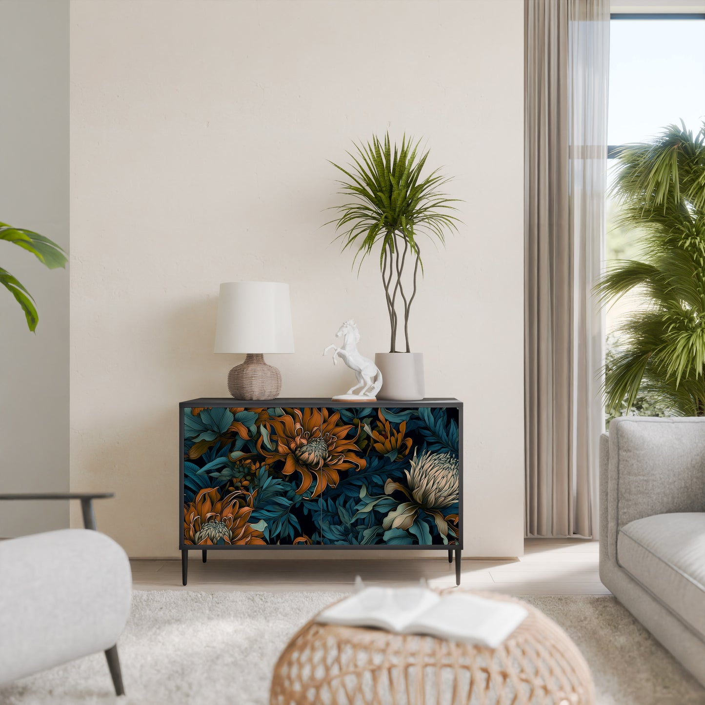 MORNING BLOOM 2-Door Sideboard in Black Finish
