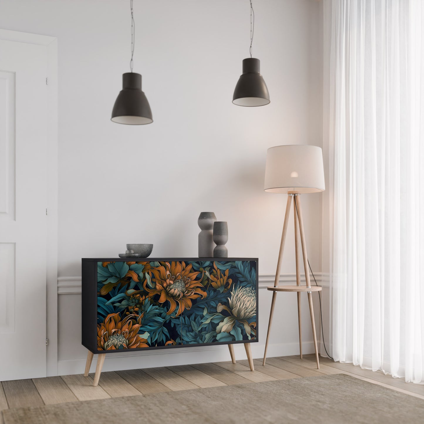 MORNING BLOOM 2-Door Sideboard in Black Finish