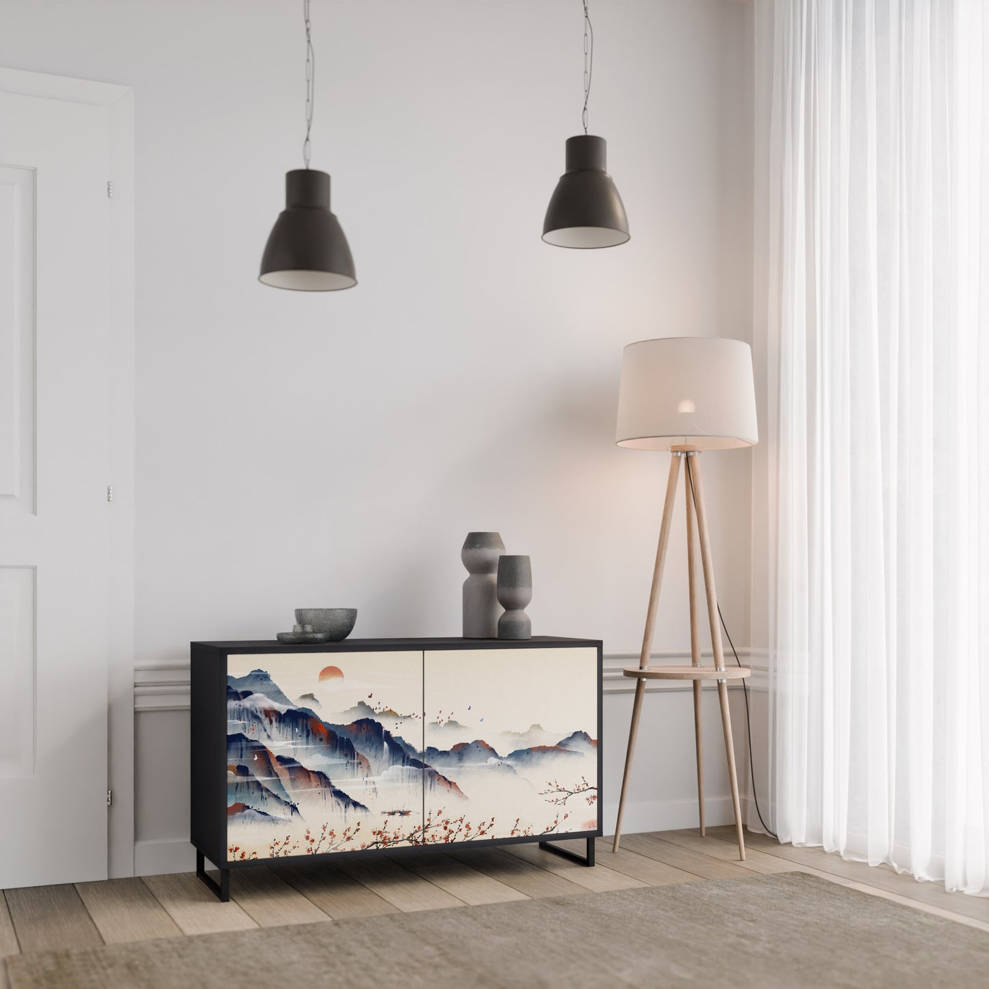 JAPANESE LANDSCAPE 2-Door Sideboard in Black Finish