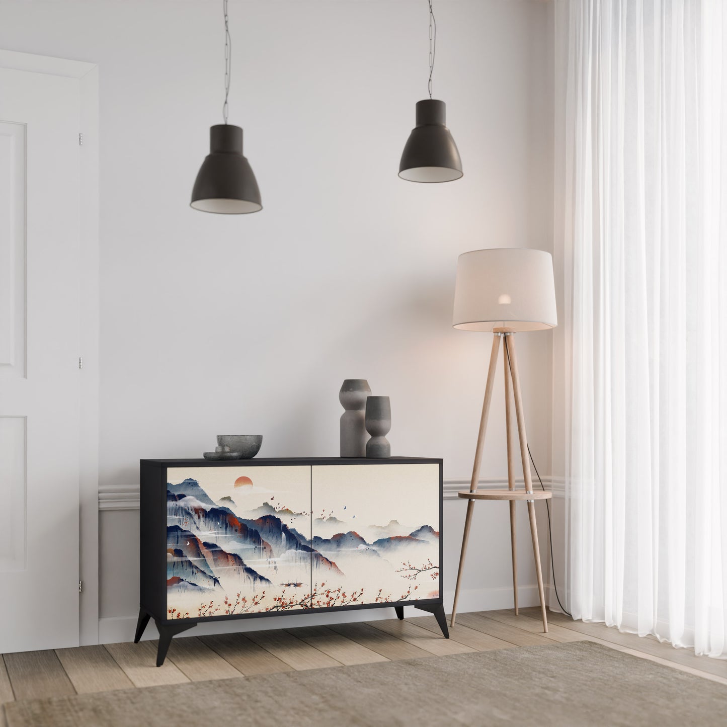 JAPANESE LANDSCAPE 2-Door Sideboard in Black Finish