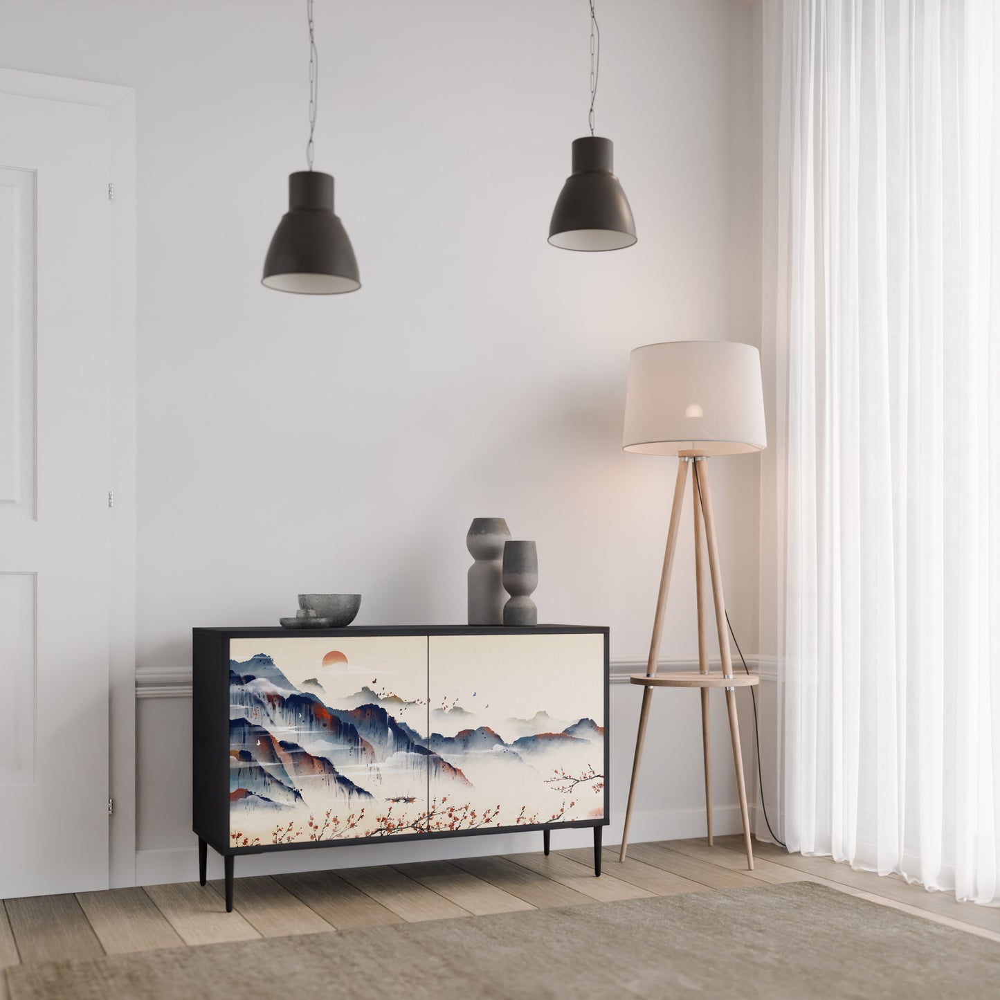 JAPANESE LANDSCAPE 2-Door Sideboard in Black Finish