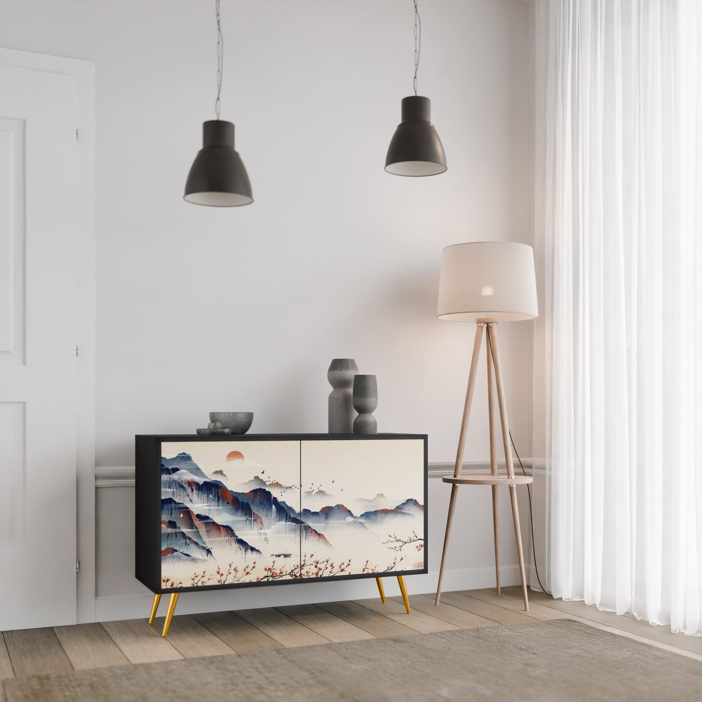 JAPANESE LANDSCAPE 2-Door Sideboard in Black Finish