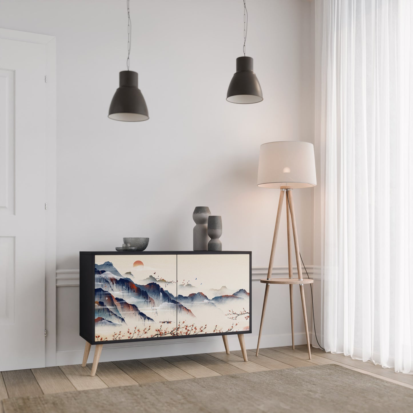 JAPANESE LANDSCAPE 2-Door Sideboard in Black Finish