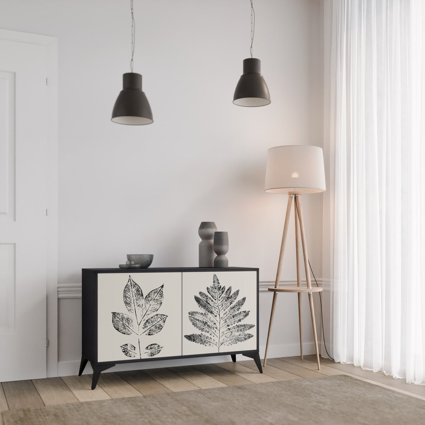 LEAFY STAMPS 2-Door Sideboard in Black Finish