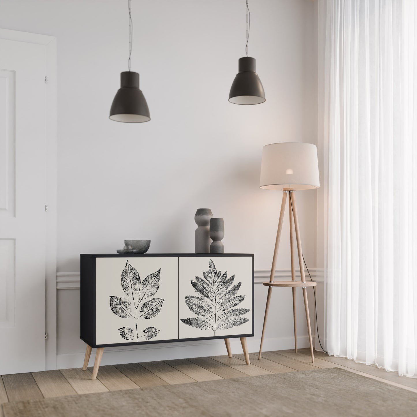 LEAFY STAMPS 2-Door Sideboard in Black Finish