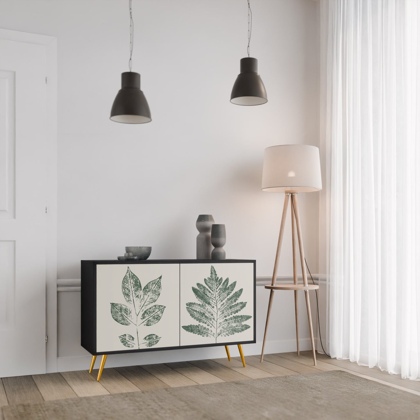 GREEN LEAFY STAMPS 2-Door Sideboard in Black Finish
