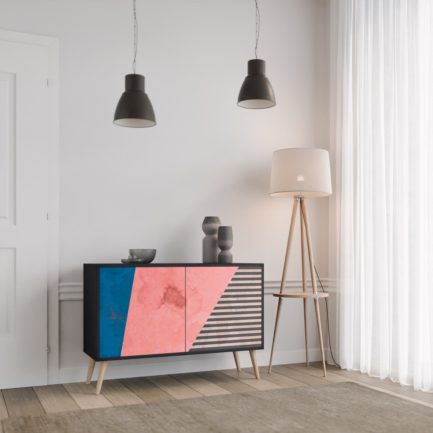 GLAMOROUS STRIPE 2-Door Sideboard in Black Finish