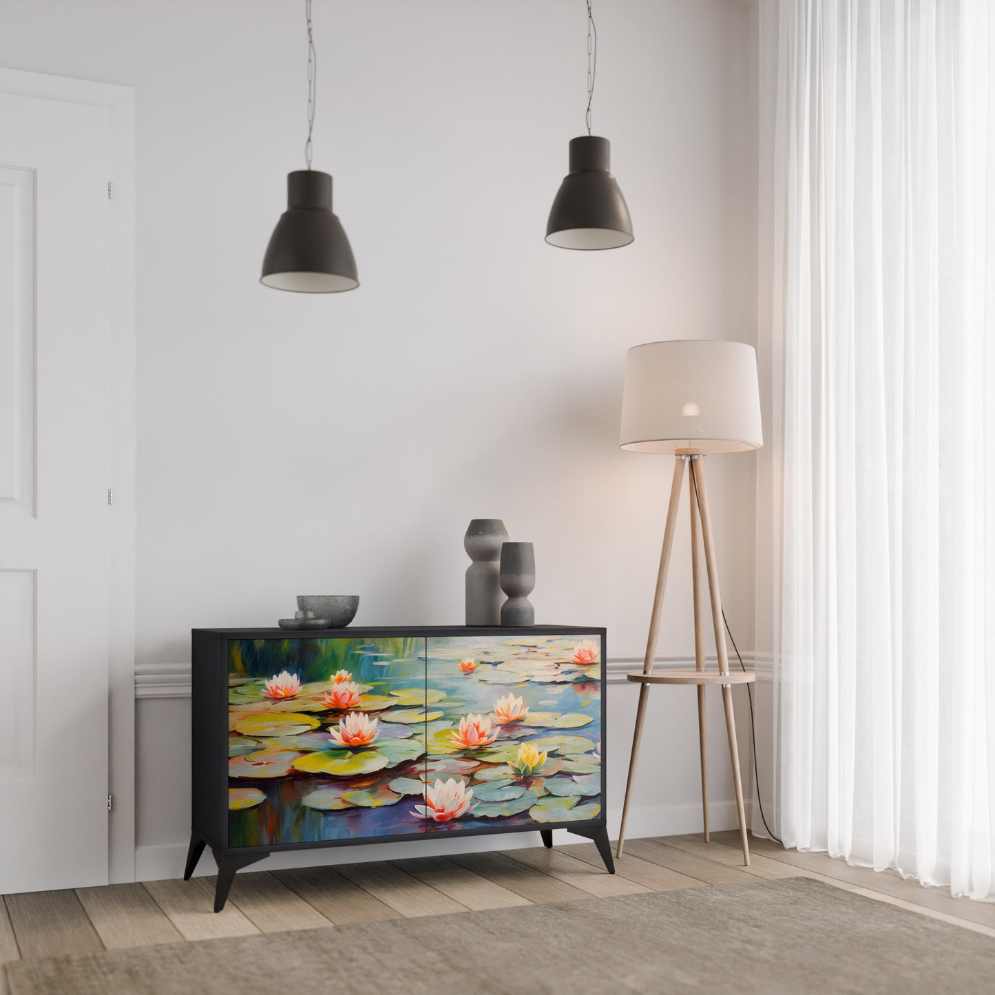 BLOOMING WATERS 2-Door Sideboard in Black Finish