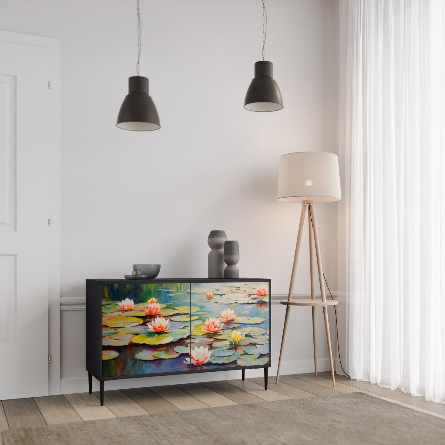 BLOOMING WATERS 2-Door Sideboard in Black Finish