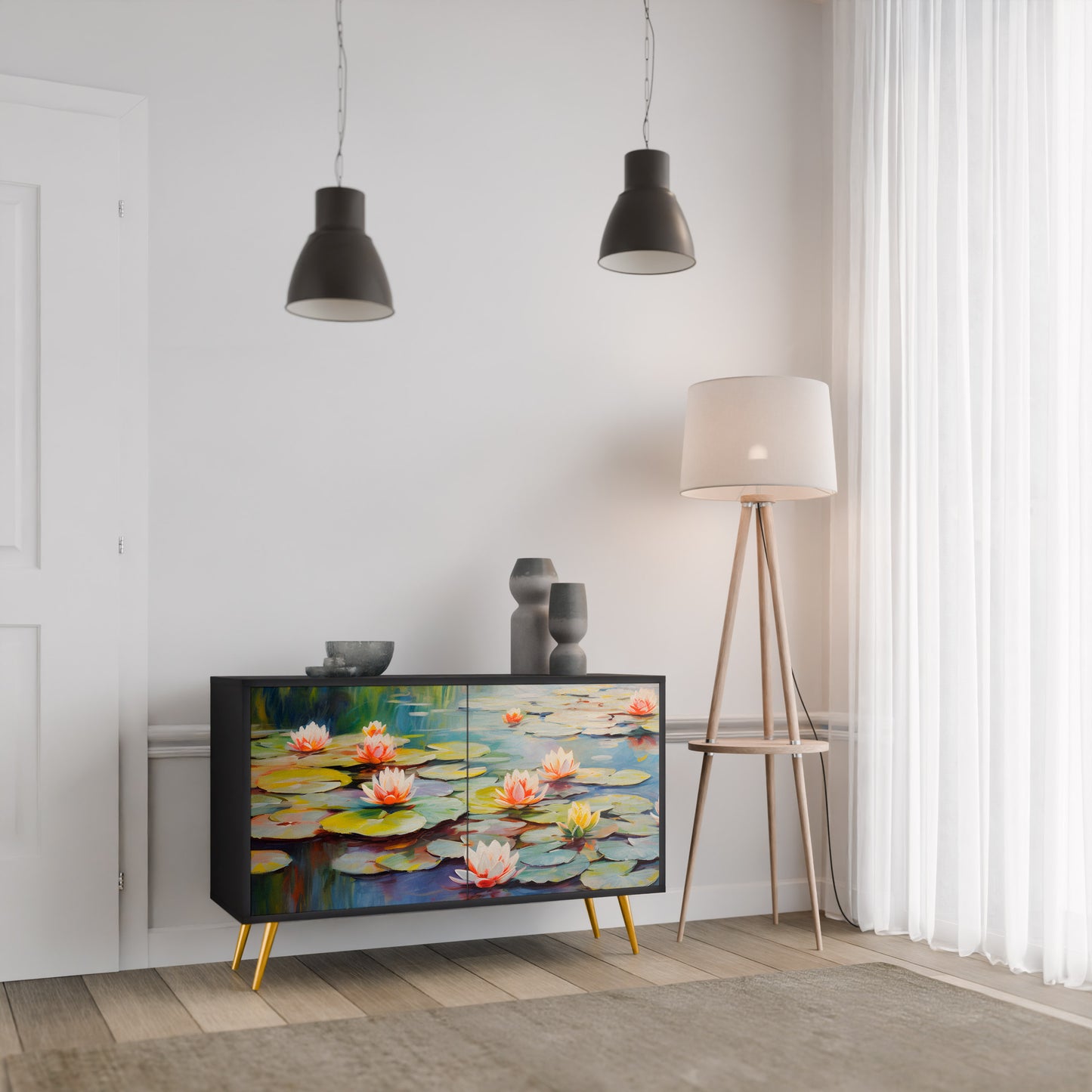 BLOOMING WATERS 2-Door Sideboard in Black Finish