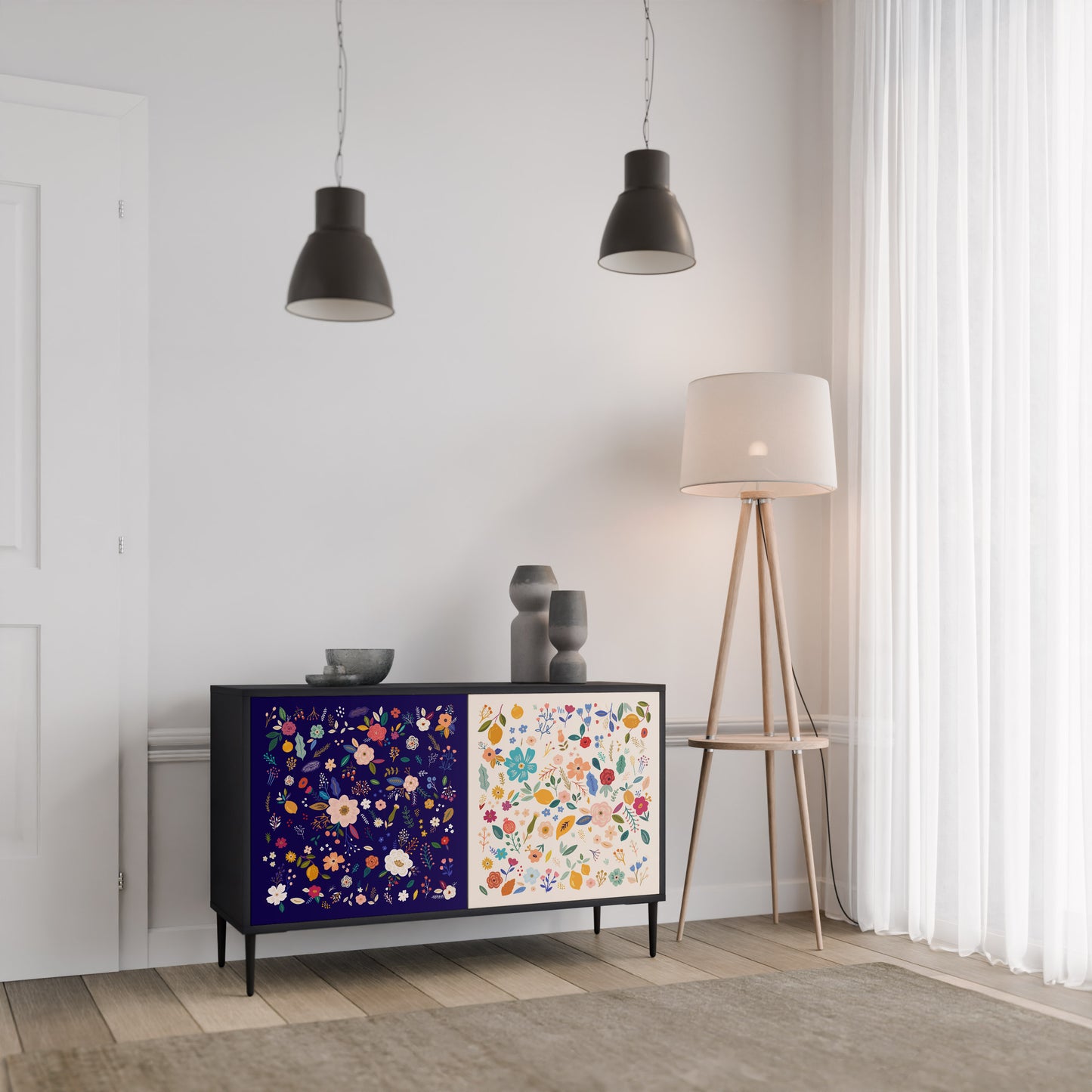 FLORAL COMBINATION 2-Door Sideboard in Black Finish