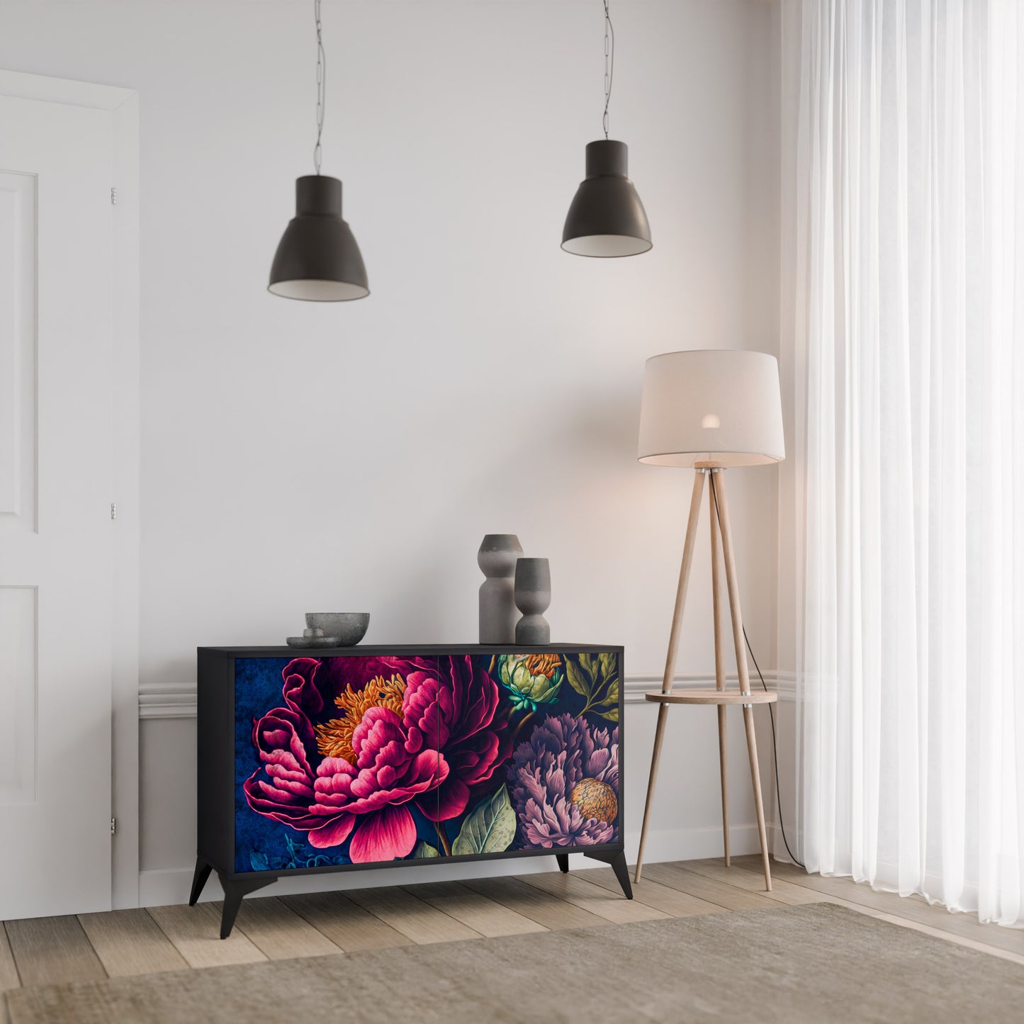 BLOOMING ELEGANCE 2-Door Sideboard in Black Finish