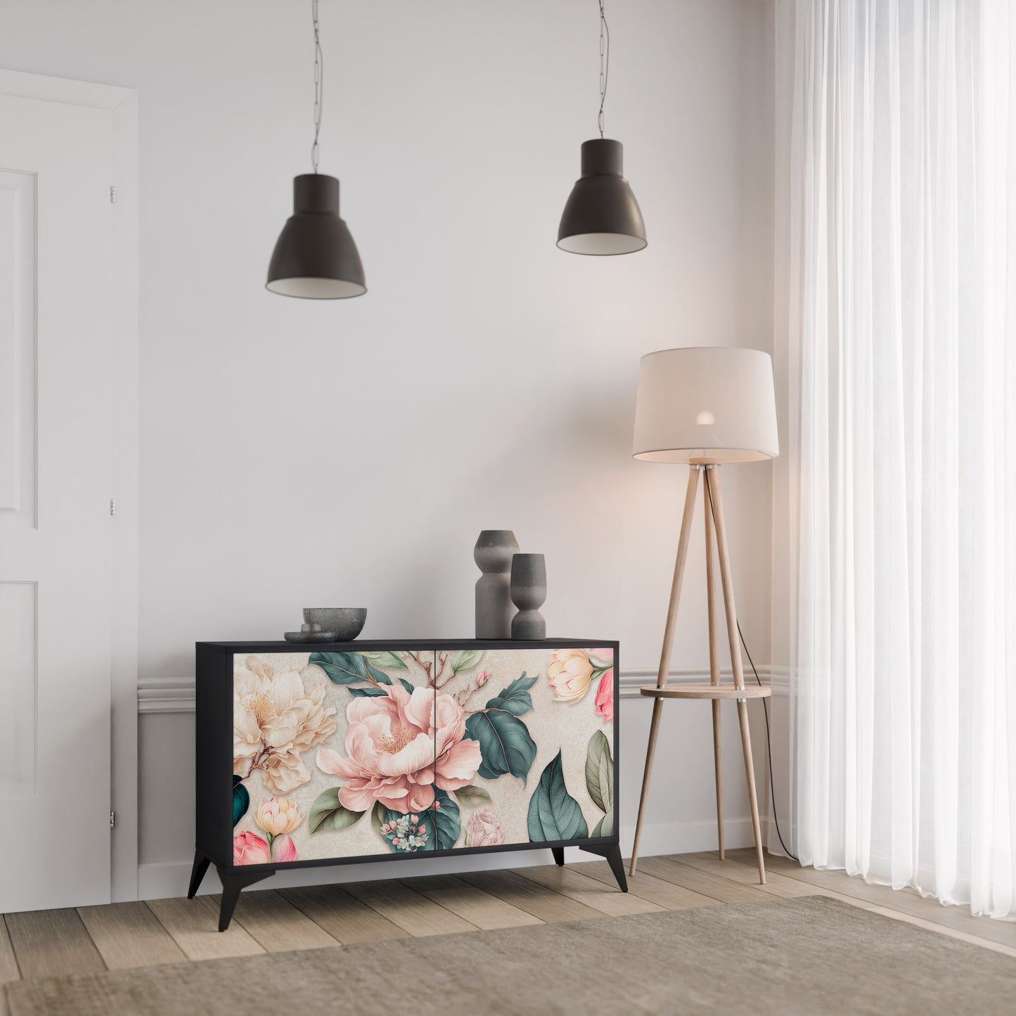 FLORAL GRACE 2-Door Sideboard in Black Finish