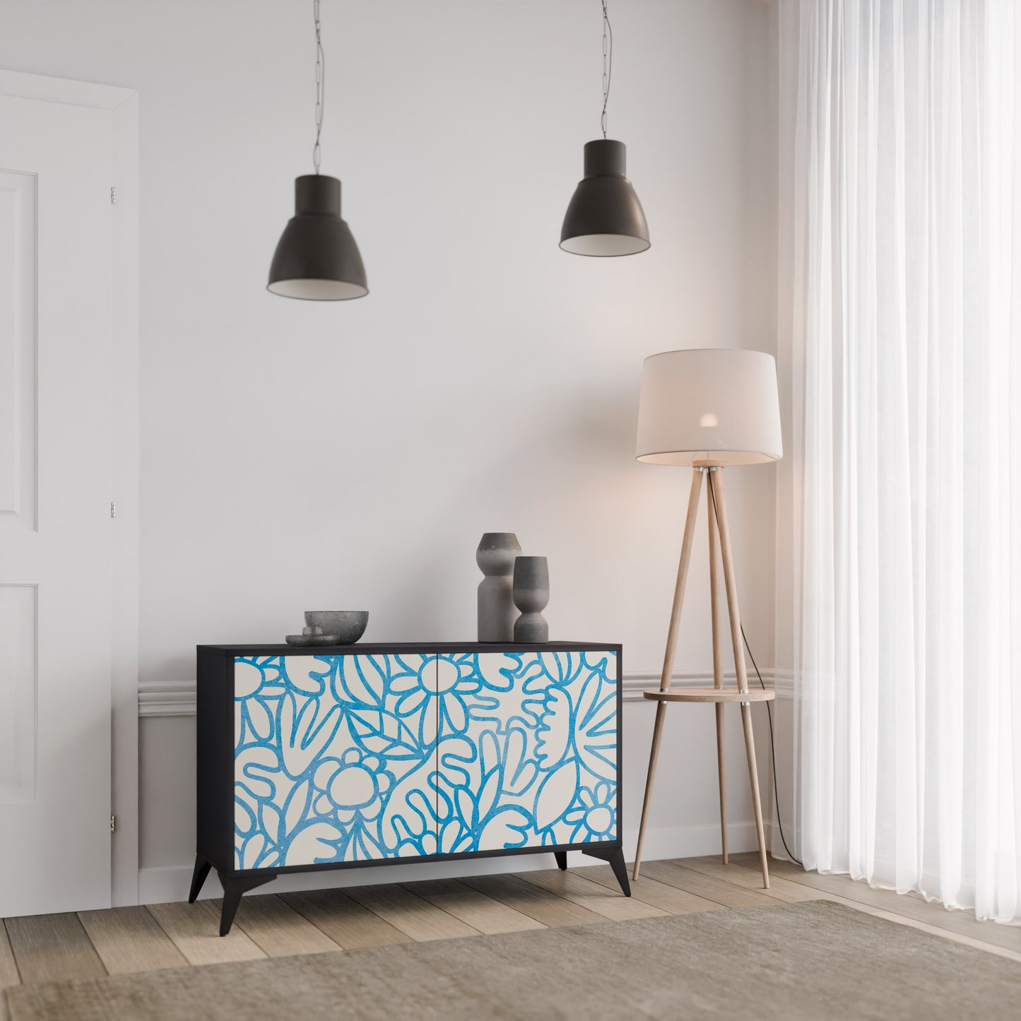 BLOOMY MORNING 2-Door Sideboard in Black Finish