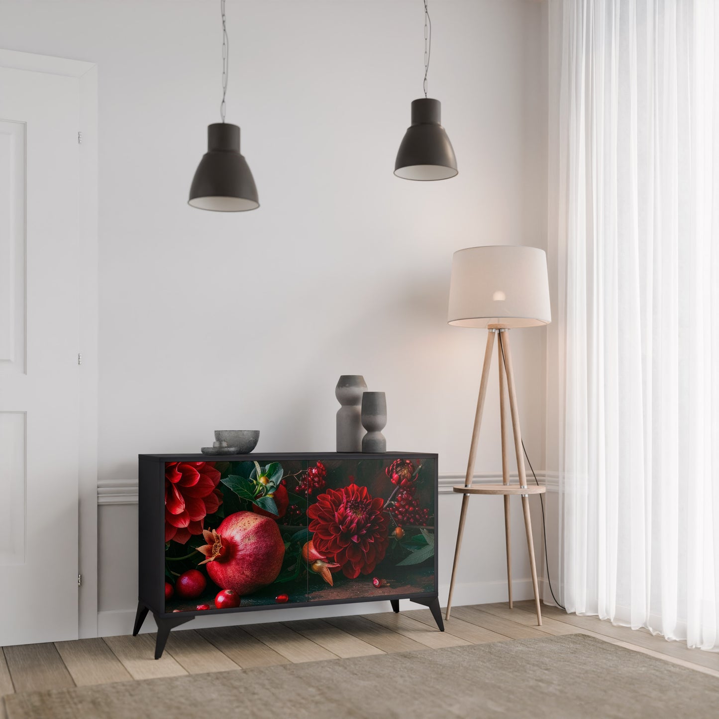 DAHLIA OCH GRANATÄPLEN 2-dörrars skänk i svart finish