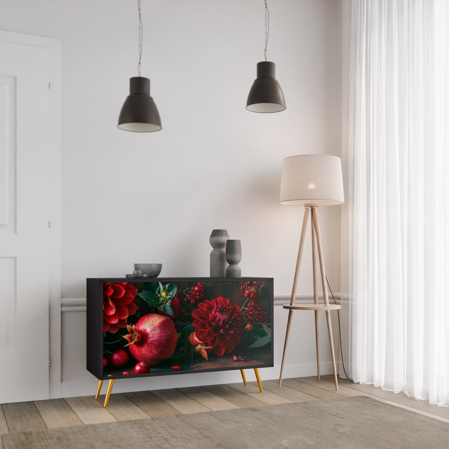 DAHLIA OCH GRANATÄPLEN 2-dörrars skänk i svart finish