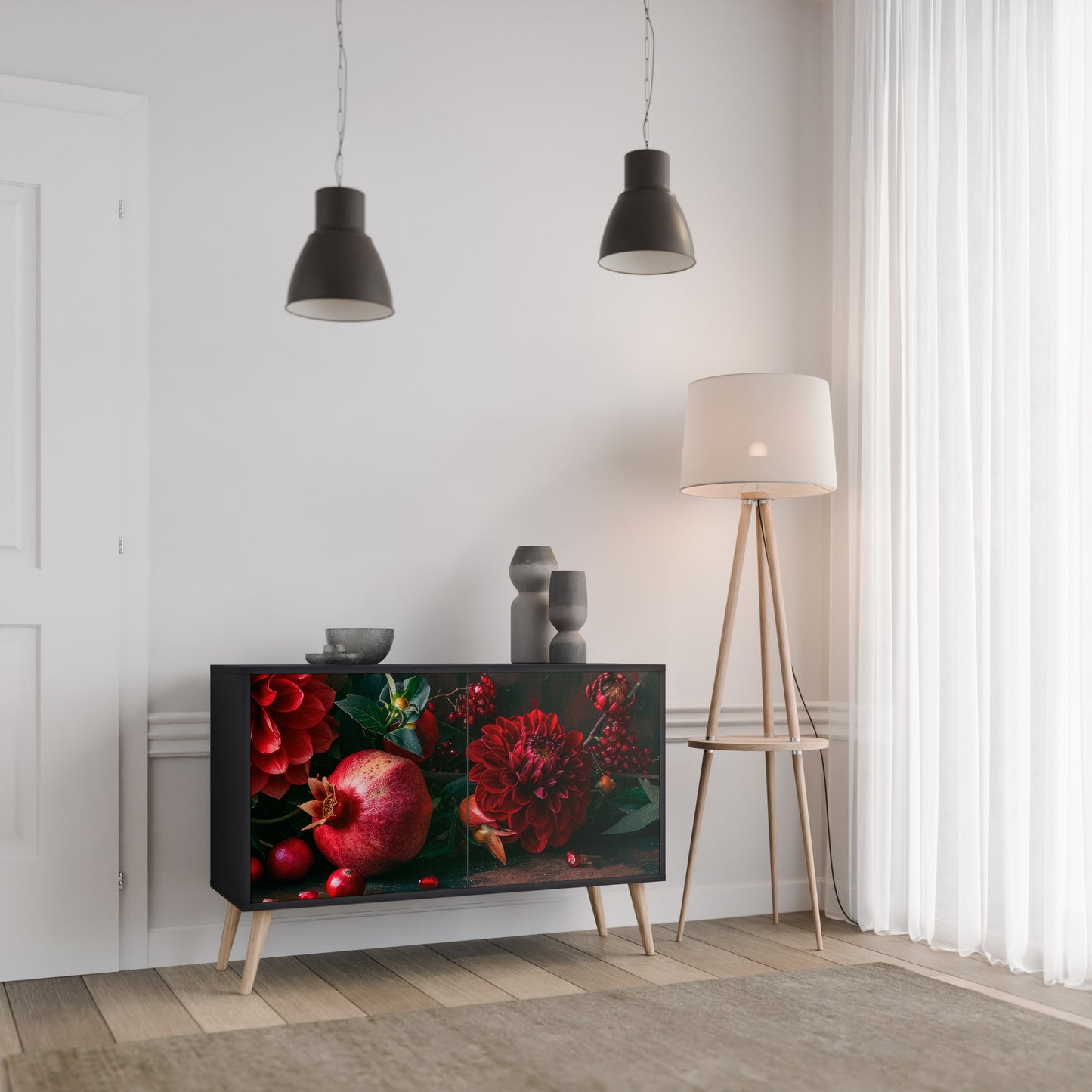 DAHLIA OCH GRANATÄPLEN 2-dörrars skänk i svart finish
