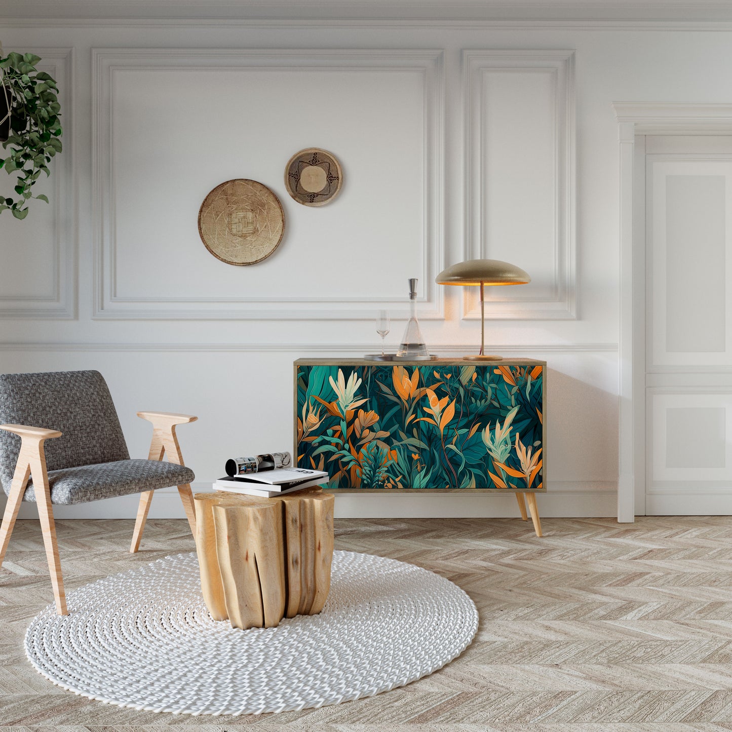 FLORAL SERENITY 2-dörrars skänk i ekeffekt