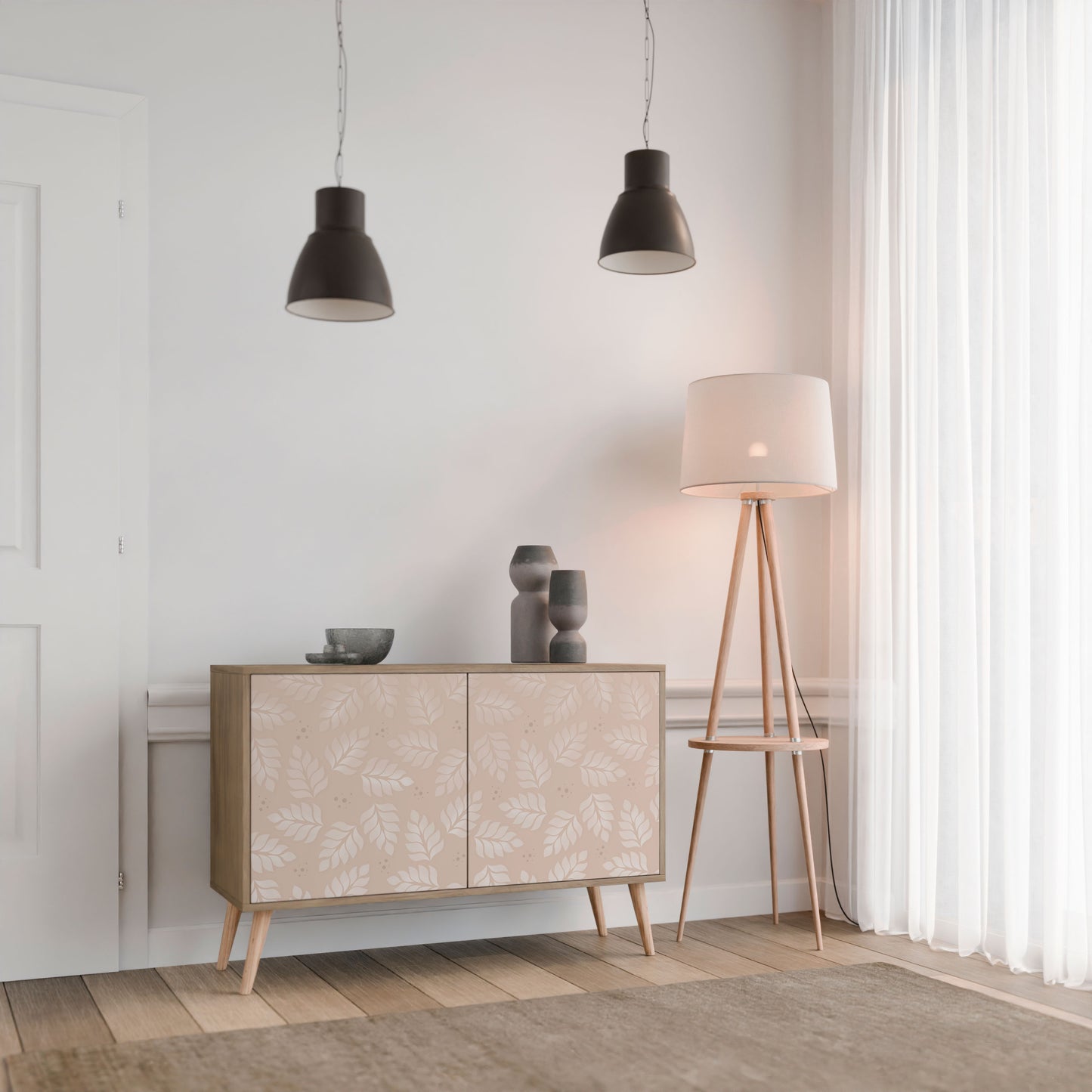 LÖV PÅ BEIGE 2-dörrars skänk i ekeffekt