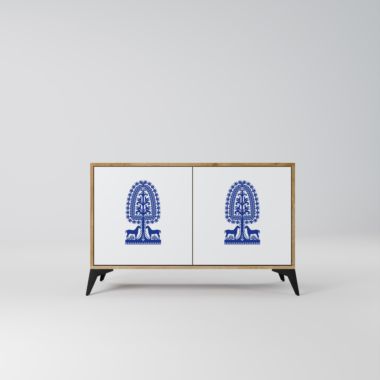 POLISH FOLK ART 2-dörrars skänk i ekeffekt
