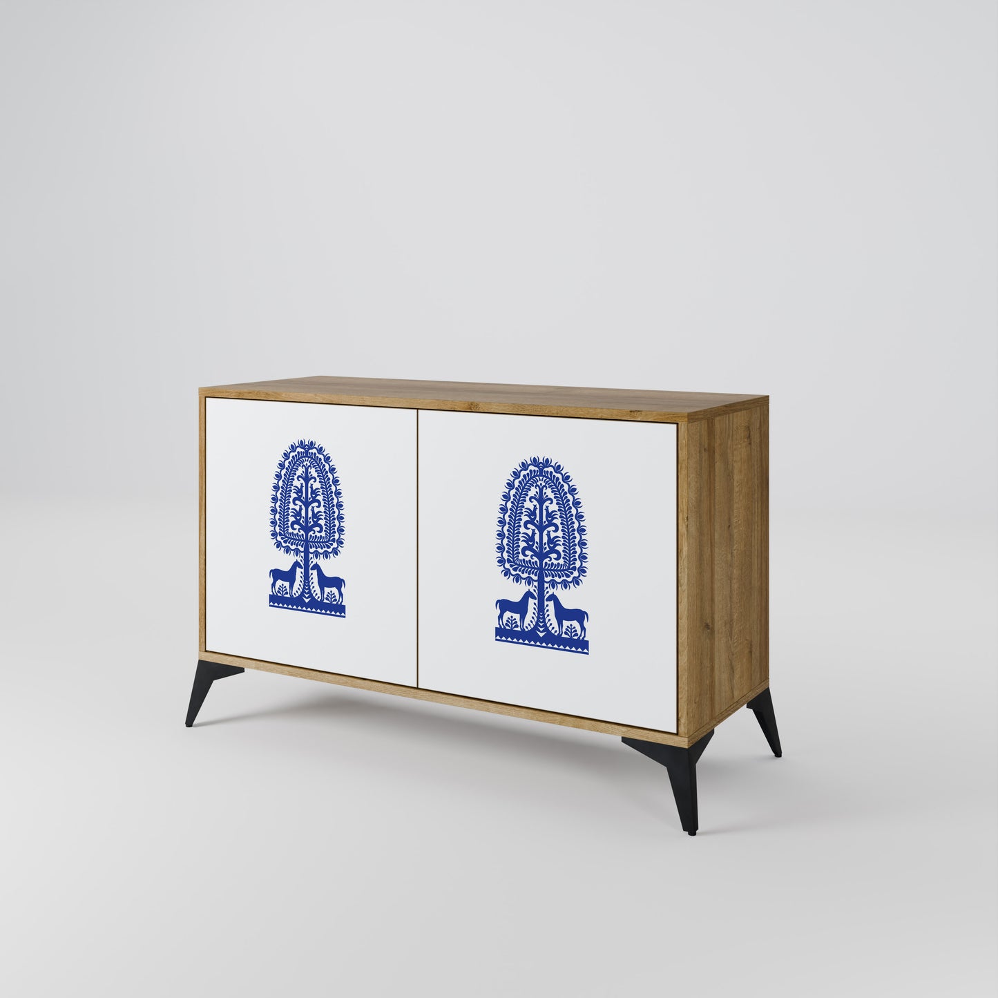 POLISH FOLK ART 2-dörrars skänk i ekeffekt