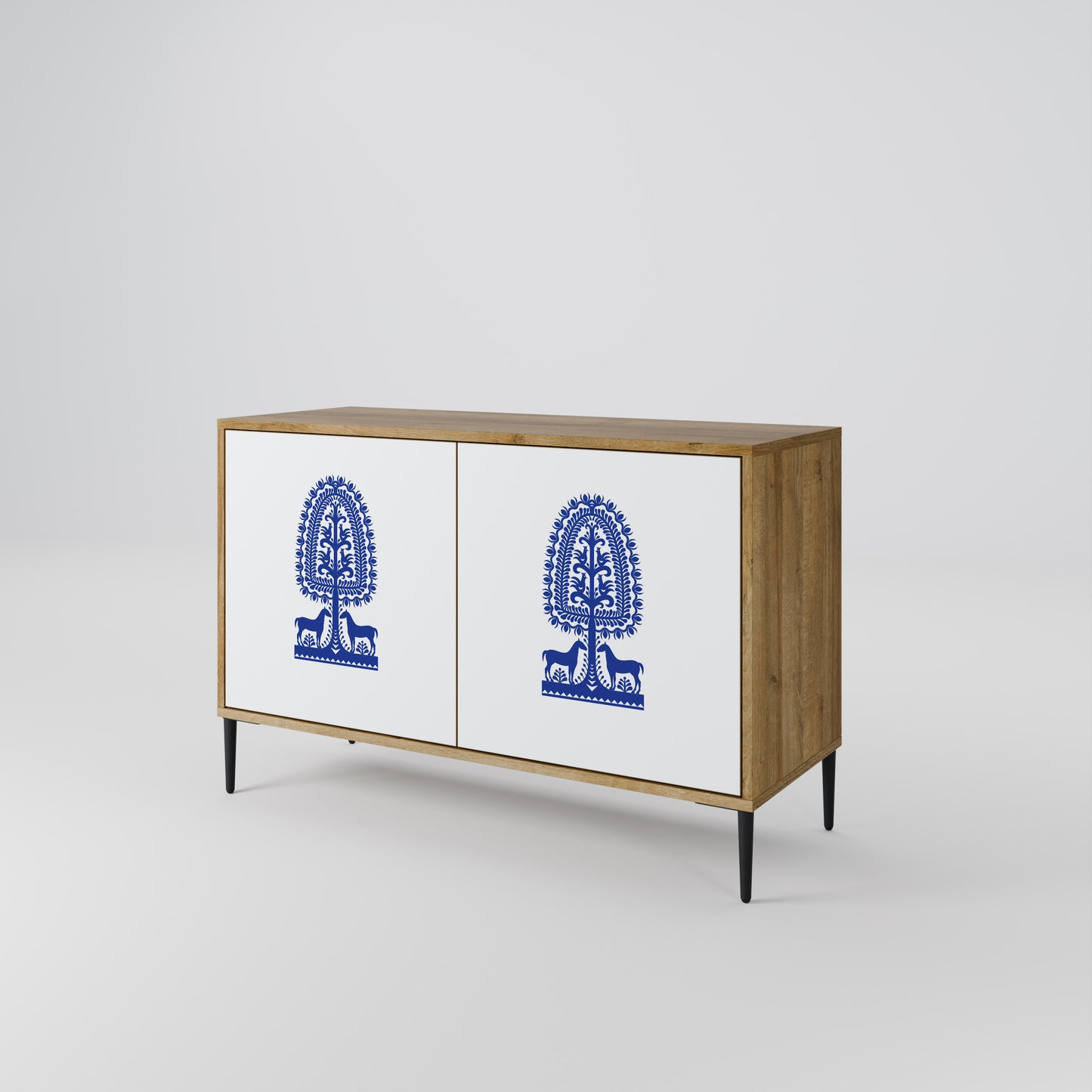 POLISH FOLK ART 2-dörrars skänk i ekeffekt