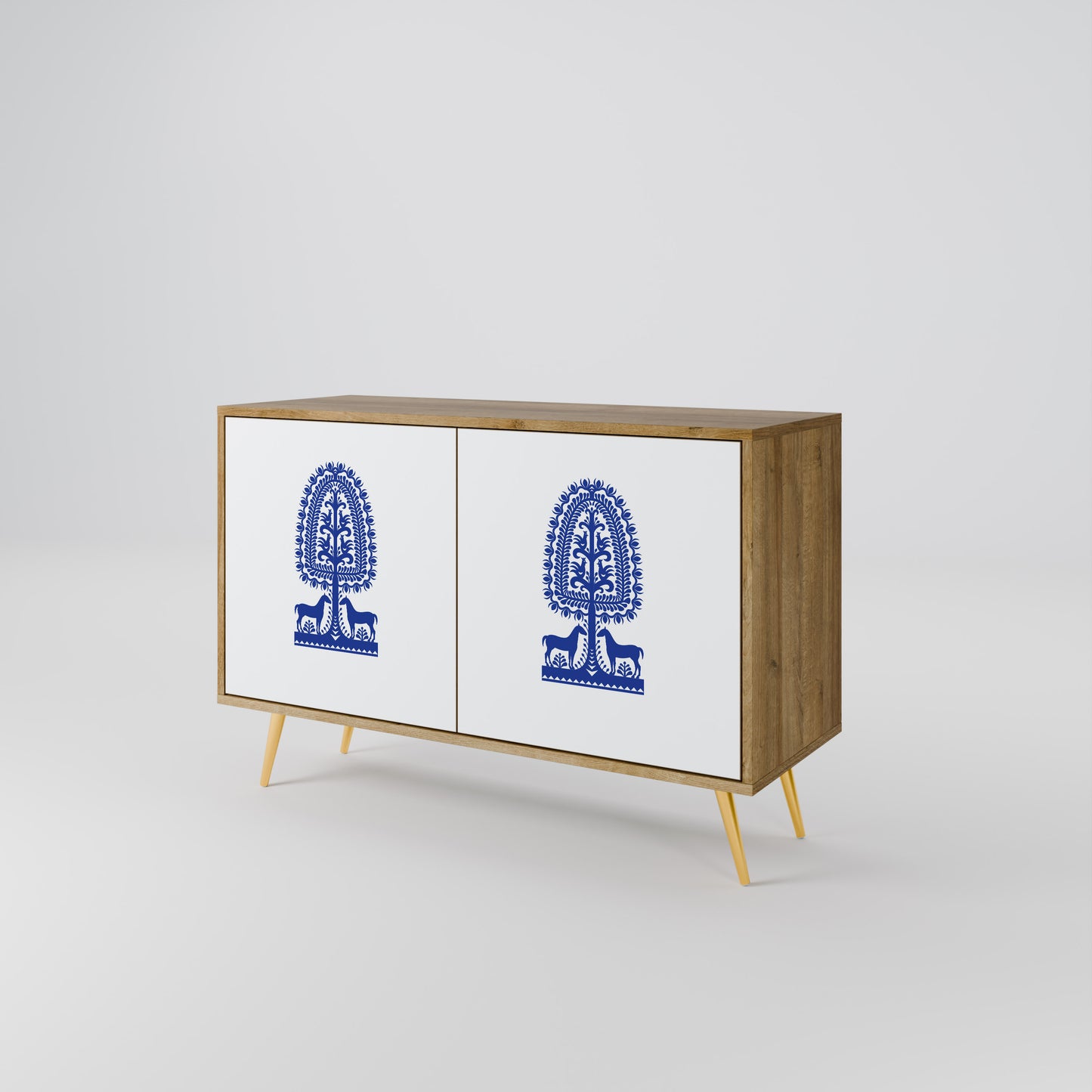 POLISH FOLK ART 2-dörrars skänk i ekeffekt