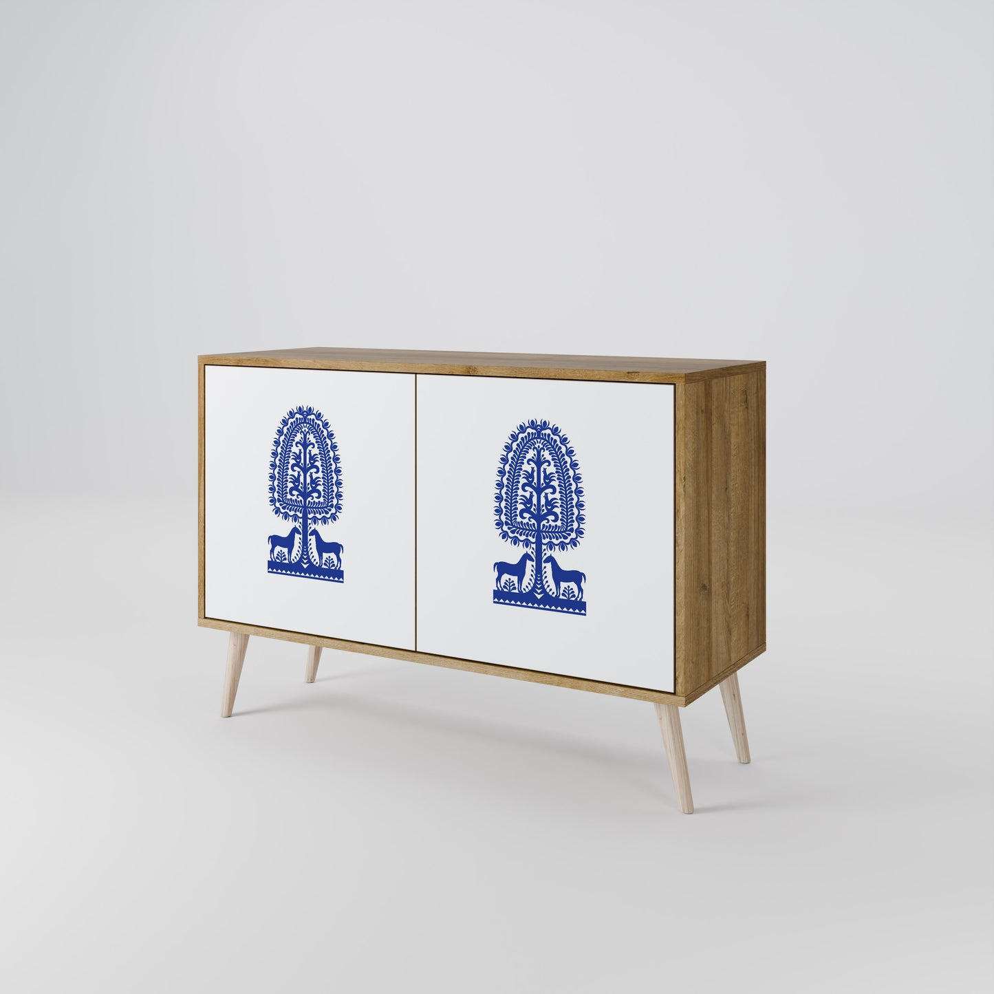 POLISH FOLK ART 2-dörrars skänk i ekeffekt