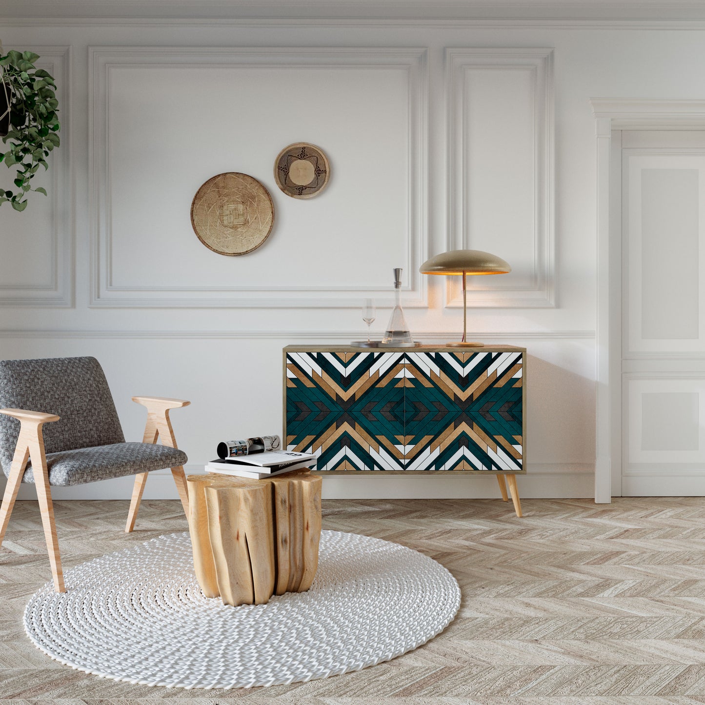 KONSTNÄRLIG GEOMETRI 2-dörrars skänk i ekeffekt