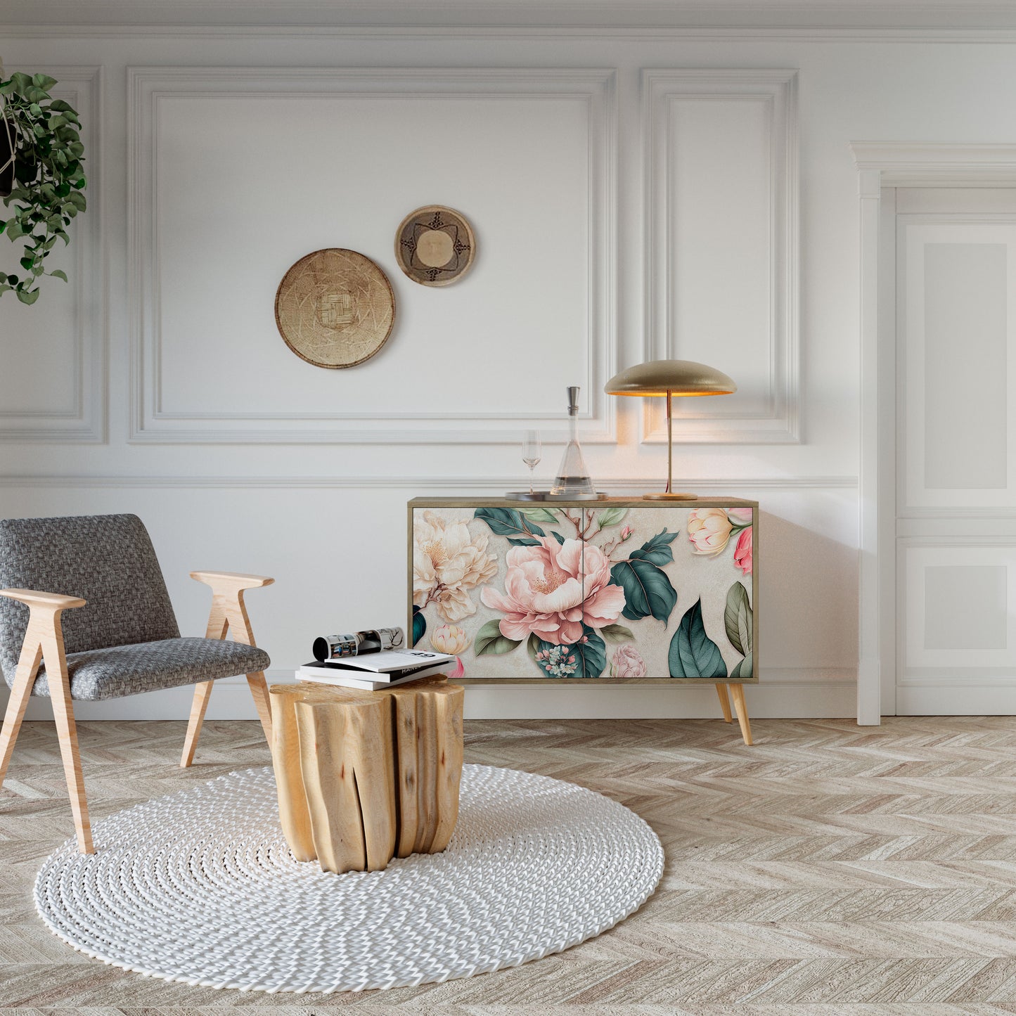 FLORAL GRACE 2-dörrars skänk i ekeffekt