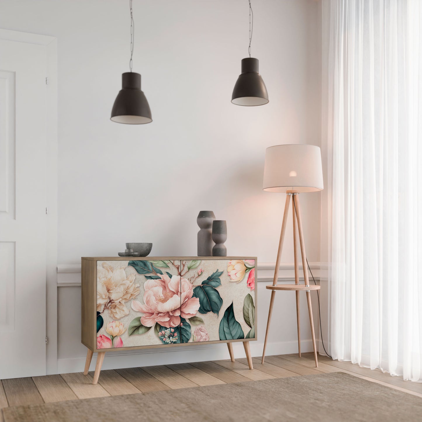 FLORAL GRACE 2-dörrars skänk i ekeffekt