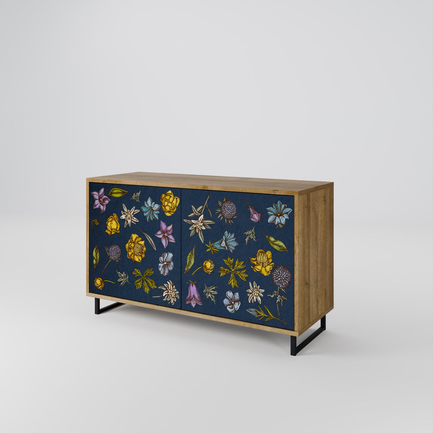 FLOWERS ON NAVY BLUE 2-Door Sideboard in Oak Effect