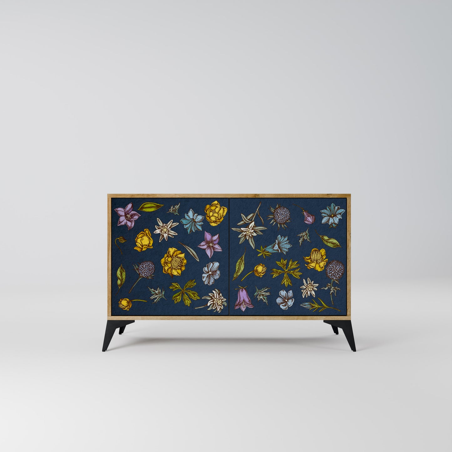 FLOWERS ON NAVY BLUE 2-Door Sideboard in Oak Effect