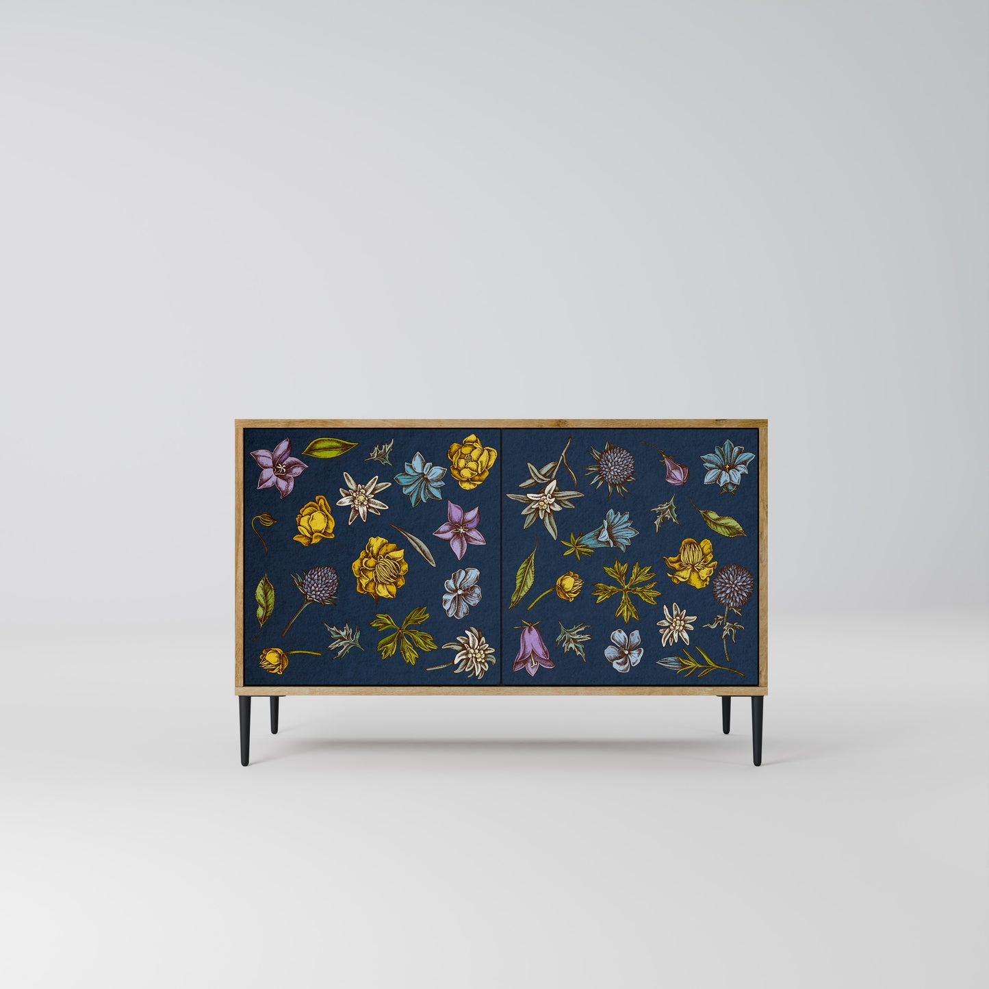 FLOWERS ON NAVY BLUE 2-Door Sideboard in Oak Effect