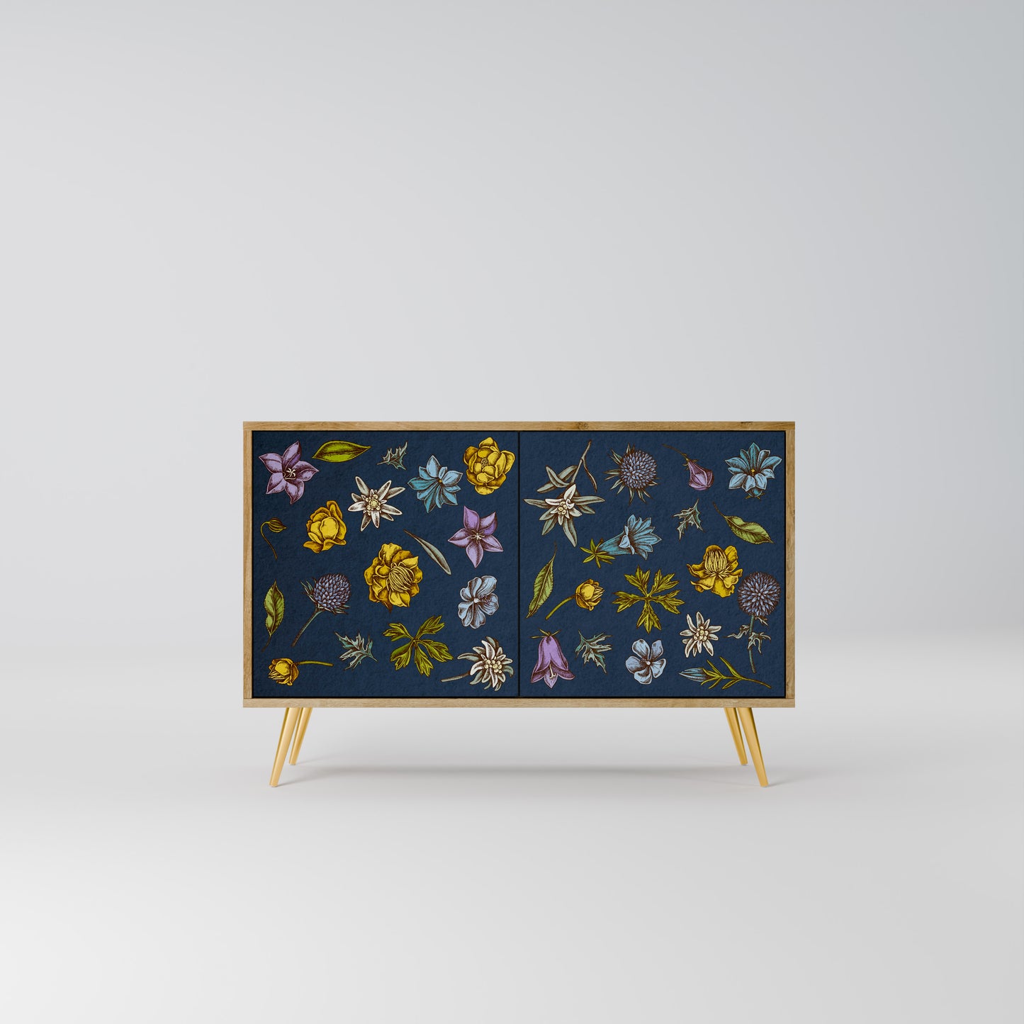 FLOWERS ON NAVY BLUE 2-Door Sideboard in Oak Effect