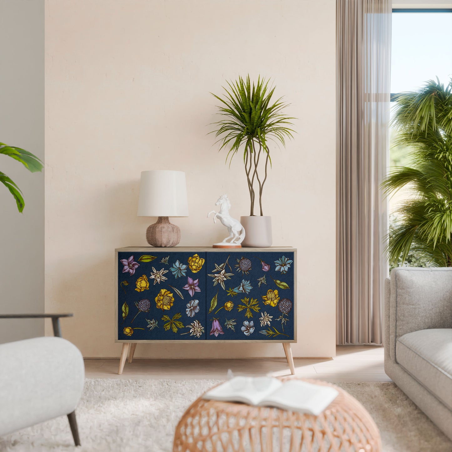 FLOWERS ON NAVY BLUE 2-Door Sideboard in Oak Effect